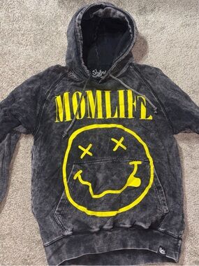 MomLife Black Washed Hoodie with Yellow Smile Graphic